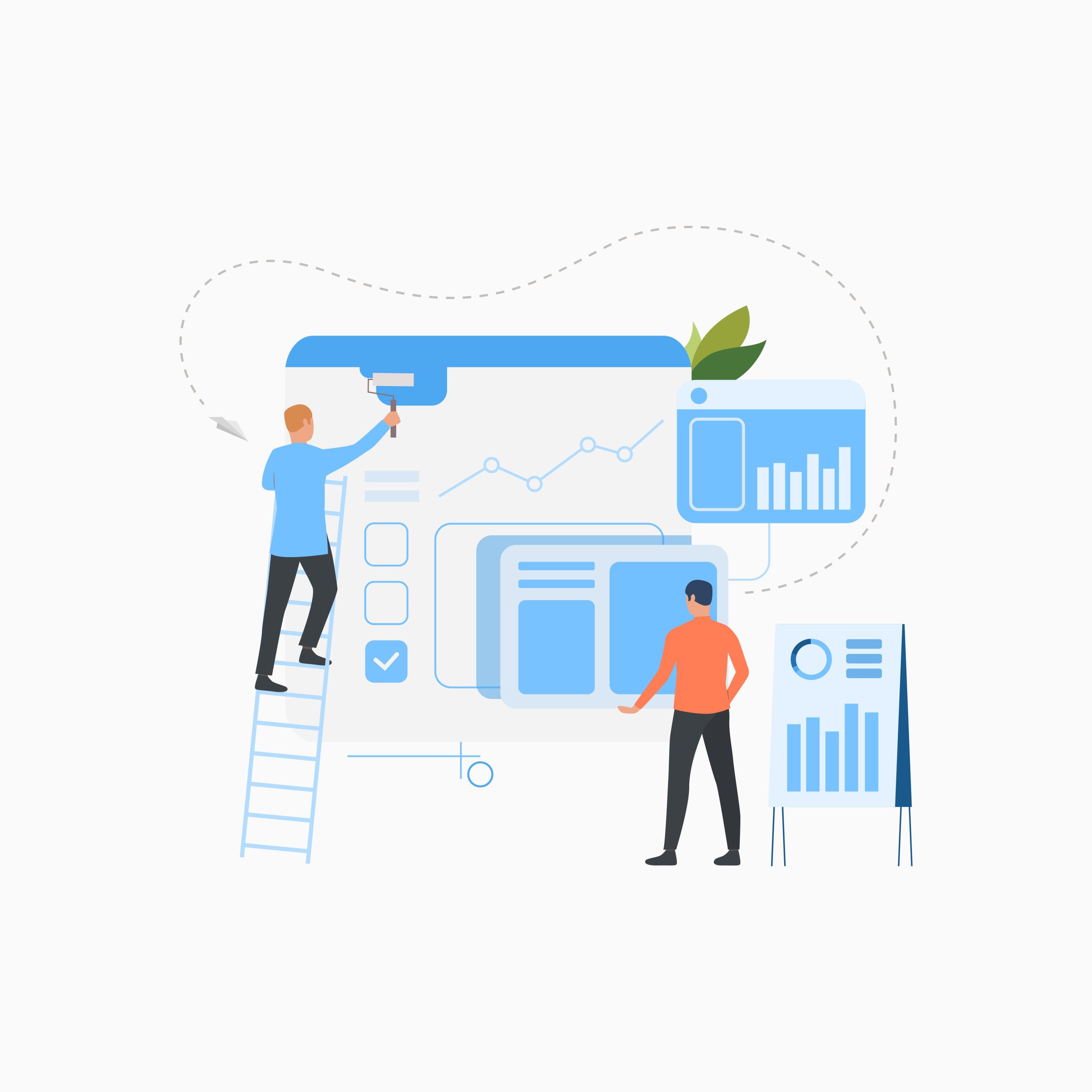 Professional team creating business solution flat icon. Painter, speaker, graphs. Teamwork concept. Can be used for topics like analysis, construction, finance